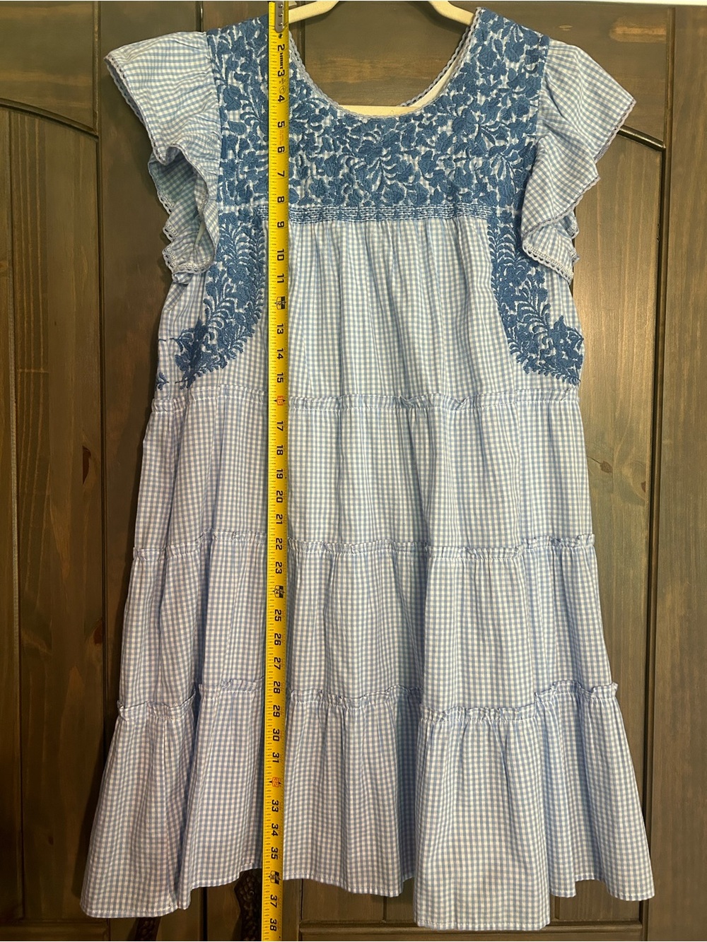 J. Marie Kayla Blue Gingham Midi Dress with Floral Embroidered Yoke